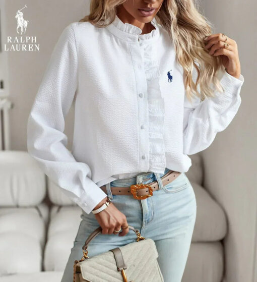 Ralph Lauren Ruffled Button-Up Shirt – Soft Textured Fit - Image 6
