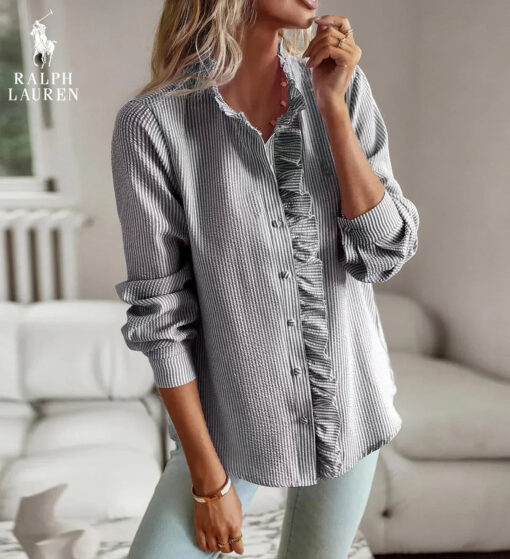 Ralph Lauren Ruffled Button-Up Shirt – Soft Textured Fit - Image 9